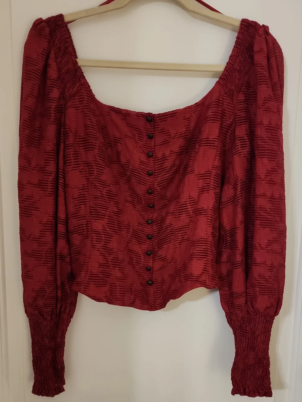 Anthropologie Burgundy Puff-Sleeve Button-Front Blouse